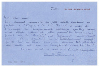 Debussy, Claude. (1862-1918) Autograph Letter about "L'après-midi d'un Faune" and friendly relations between musicians