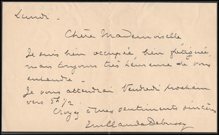 [Debussy, Claude. (1862-1918)] Debussy, Emma Bardac. (1862 - 1934) Autograph Letter to Lucette Descaves