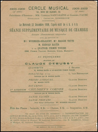 Debussy, Claude. (1862-1918) Rare 1908 Program