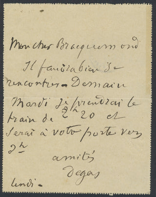 Degas, Edgar. (1834 - 1917) Autograph Letter to Felix Bracquemond