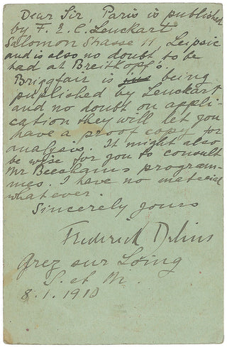 Delius, Frederick. (1862–1934) Autograph Letter regarding the publication of Brigg Fair