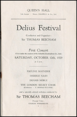 [Delius, Frederick. (1862–1934)] 1929 "Delius Festival" Program