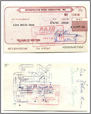 Della Casa, Lisa. (b. 1919) Signed Check from the MET Opera, 1963