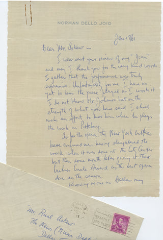 Dello Joio, Norman. (1913–2008) Autograph Letter Signed about "The Triumph of St. Joan"