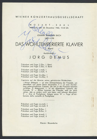 Demus, Jörg. (1928–2019) Signed Program