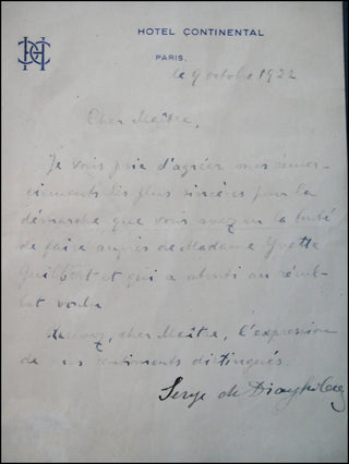 [Ballets Russes] Diaghilev, Sergei. (1872–1929) [Guilbert, Yvette. (1865–1944)] Autograph Letter