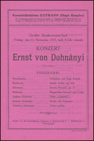 Dohnányi, Ernö. (1877–1960) 1927 Musikverein Recital Program, Photograph and Autograph Signature