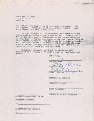 Doors, The. (1965–1973) [Apocalypse Now] The Doors sign off on 'The End' for the Apocalypse Now soundtrack - SIGNED CONTRACTS