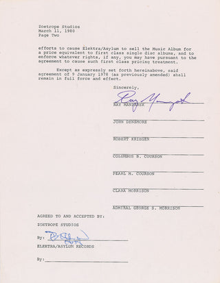 Doors, The. (1965–1973) [Apocalypse Now] The Doors sign off on 'The End' for the Apocalypse Now soundtrack - SIGNED CONTRACTS