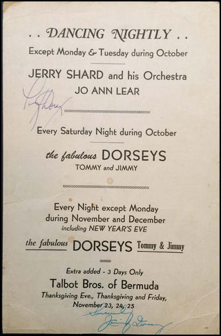 [Jazz & Song] Dorsey, Tommy. (1905 - 1956)  & Dorsey, Jimmy.  (1904 - 1957) Signed 1955 Christmas Dance Menu Program