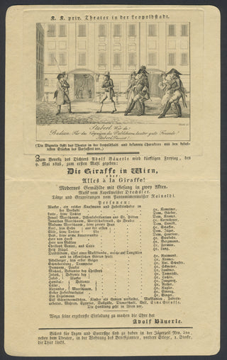 [Giraffe] [Drechsler, Joseph. (1782–1852)] [Bäuerle, Adolf. (1786–1859)] "Die Giraffe in Wien" - Original 1828 Playbill