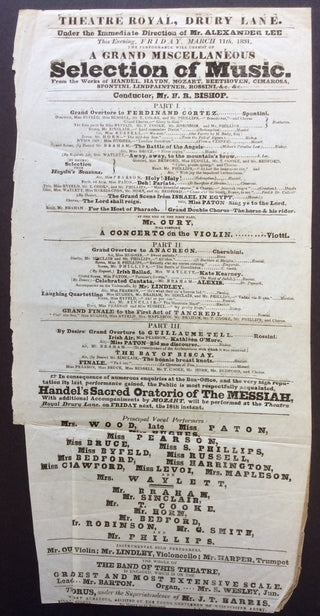 [Drury Lane] [Bishop, Sir Henry R. (1786-1855)] [Wood, Mary Anne. (1802-1864)] [Wesley, Samuel Sebastian. (1810-1876)] [Oury, Antonio James. (1800-1883)] "A Grand Miscellaneous Selection of Music" - Original 1831 Broadside