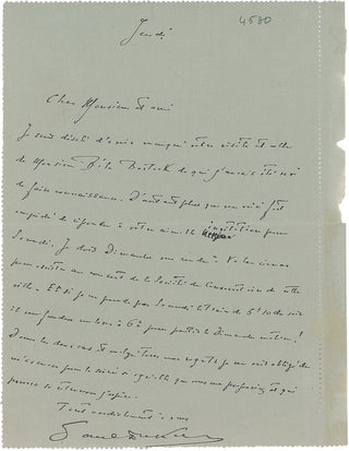 [Bartók, Béla. (1881–1945)] Dukas, Paul. (1865–1935) Autograph Letter to Prunieres, Lamenting a Missed Meeting with Bartok