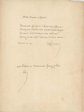 Dumas, Alexandre. (Père, 1802–1870) [Shakespeare, William. (1564–1616)]  Autograph Quotation Signed from his "Billet d'Hamlet à Ophélie"