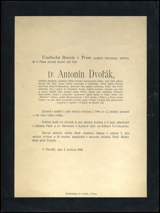 Dvorák, Antonín Leopold . (1841 - 1904) A printed document announcing Dvorák's death at noon on May 1, 1904.