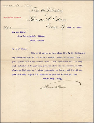 Edison, Thomas. (1847–1931) Typed Letter Signed