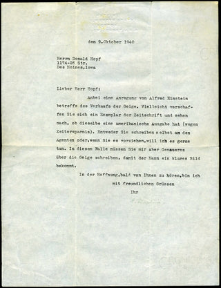 Einstein, Albert. (1879 - 1955) Signed Letter regarding a Violin