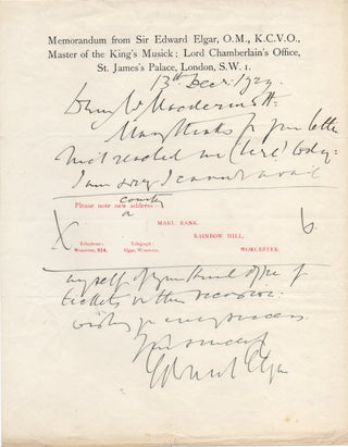 Elgar, Edward. (1857 - 1934) Autograph Letter