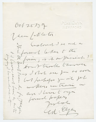 Elgar, Edward. (1857–1934) Autograph Letter Signed