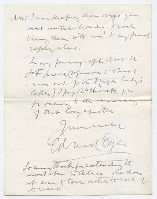 Elgar, Edward. (1857–1934) "What I fear is this: there isn't going to be any singing by the soldiers." - Important Autograph Letter Signed