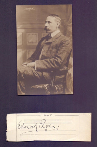 Elgar, Edward. (1857–1934) Autograph Signature on Calendar Birthdate Clipping with Postcard Photograph