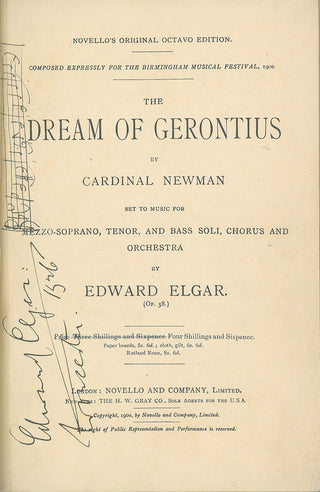 Elgar, Edward. (1857 - 1934) "The Dream of Gerontius"  - INSCRIBED SCORE WITH Autograph Musical Quotation