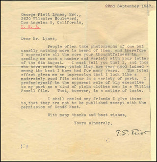 [Literature] Eliot, T. S. (1888–1965) Signed Letter to George Platt Lynes