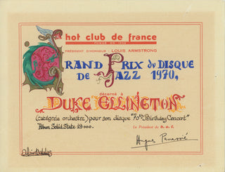 [Ellington, Duke. (1899-1974)] Panassié, Hugues. (1912-1974) Hand-Painted Grand Prix du Disque Award Certificate From the Hot Club