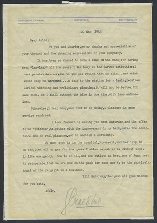 Farrar, Geraldine. (1882–1967) "All the years I was busy at the larynx activities" - Typed Letter Signed