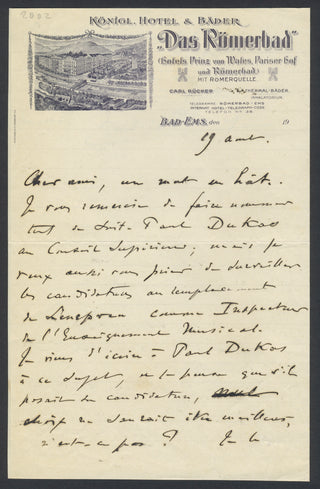 Fauré, Gabriel. (1845–1924) Autograph Letter about Paul Dukas and Taking the Waters