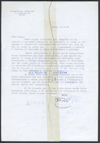 Fellini, Federico. (1920–1993) Typed Letter Signed regarding a musical adaptation of "La Strada"