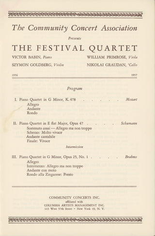 The Festival Quartet [Primrose, William. (1904–1982)] [Goldberg, Szymon. (1909–1993)] Concert Program and Photograph