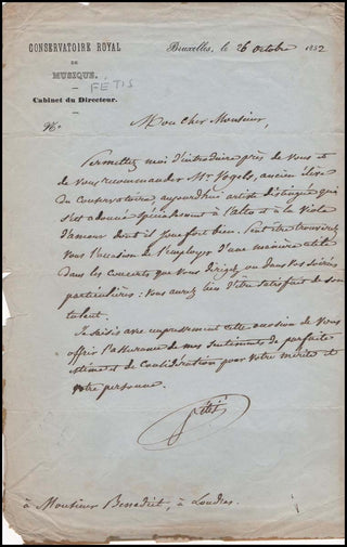 Fétis, Francois-Joseph. (1784-1871) Autograph Letter to Benedict