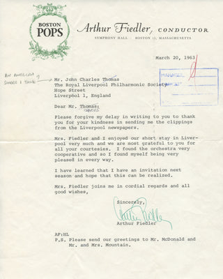 Fiedler, Arthur. (1894–1979) Typed letter signed