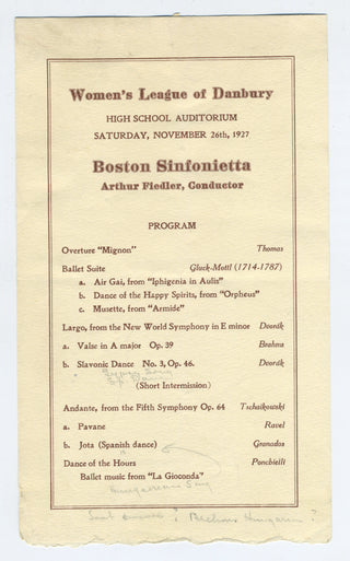 Fiedler, Arthur. (1894 - 1979) Rare 1927 Boston Sinfonietta Program