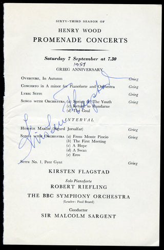 Flagstad, Kirsten. (1895–1962) [Grieg, Edvard. (1843–1907)] Signed Page from 1957 Grieg Concert Program