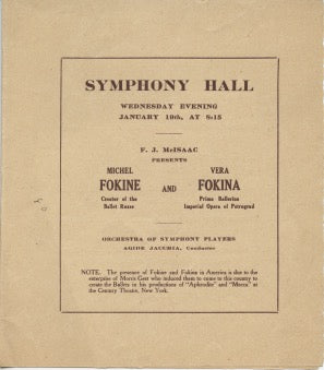 Fokine, Michel. (1880–1942) & Fokina, Vera. (1886–1958) 1916 Symphony Hall Program