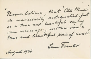 Franko, Sam. (1857-1937) Autograph Statement about True Music