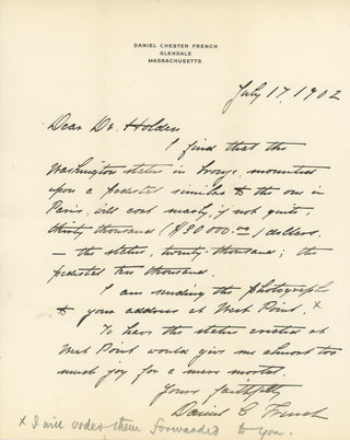 French, Daniel Chester. (1850-1931) [Holden, Edward S. (1846-1914)] Autograph Letter about George Washington Statue