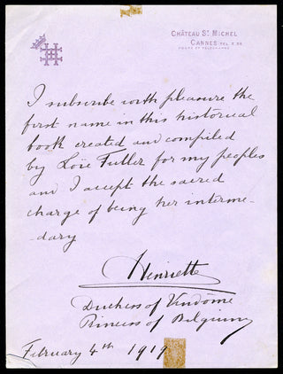 [Fuller, Loie. (1862-1928)] Henriette, Princess of Belgium. (1870-1948) Autograph Letter