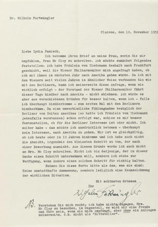 Furtwängler, Wilhelm. (1886–1954) "I have no interest in going to America" - Typed Letter Signed