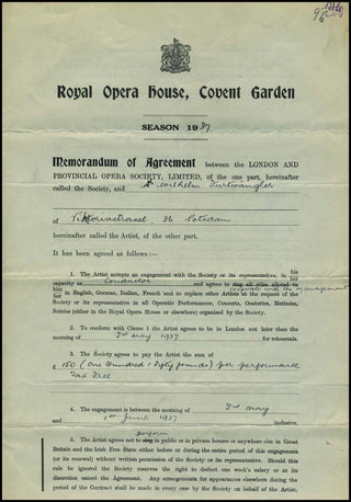 [Wagner, Richard. (1813–1883)] Furtwängler, Wilhelm. (1886–1954) Signed 1937 Covent Garden "Ring Cycle" Contract