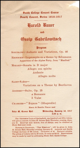 Gabrilowitsch, Ossip. (1878–1936) & Bauer, Harold. (1873–1951) Joint Recital Program