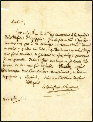 Gaëtan, Frédéric . [Marquis de La Rochefoucauld-Liancourt.] (1779-1863) Autograph letter, regarding Marie Dorval