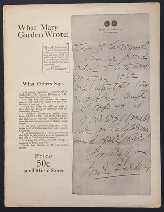 [CALIFORNIA] [Garden, Mary.  (1874–1967)] Silverwood, Francis Beatty. (1863–1924) & Frankenstein, Abraham Franklin. (1873–1934) I Love You California - Original Sheet Music