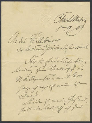 [German and Austrian Artists] May, Heinz. (1878–1954) & Heine, Thomas Theodor. (1867-1948) & Bode, Wilhelm von. (1845-1929) & Egger-Lienz, Albin. (1868-1926) & Angeli, Heinrich von. (1840-1925) & Lenbach, Franz von. (1836-1904) Group of Autograph Letters