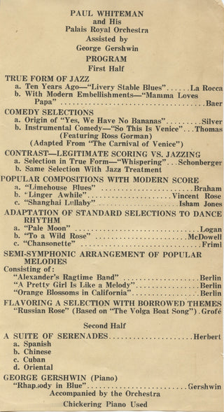 Gershwin, George. (1898–1937) & Whiteman, Paul. (1890–1967) "Rhapsody in Blue" 1924 Premiere Tour Program