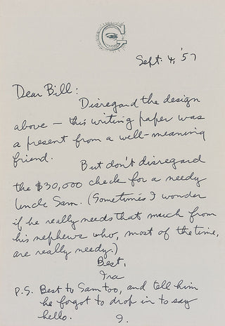 Gershwin, Ira. (1896–1983) Autograph Letter - "Don’t disregard the $30,000 check for a needy Uncle Sam"