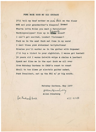 [Literature & Art] Ginsberg, Allen. (1926-1997) Punk Rock Your My Big Crybaby - ANNOTATED AND SIGNED TYPESCRIPT & BROADSIDE TO RICHARD HELL