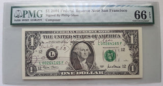 Glass, Philip. (b. 1937) Signed Dollar Bill with Autograph Musical Quotation from Einstein on the Beach